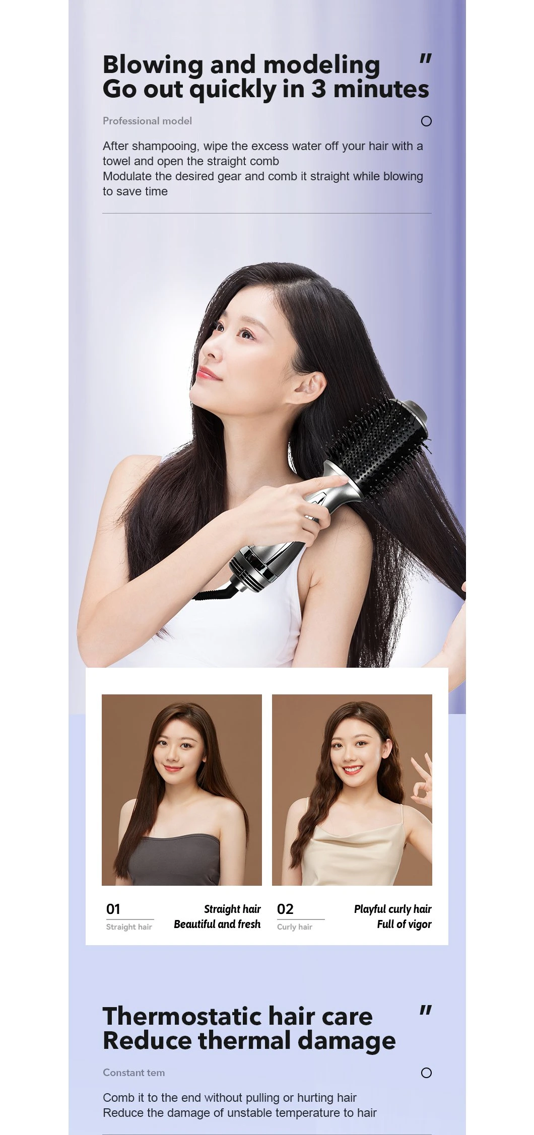 3 in 1 Professional Hair Dryer Comb with Diffuser Salon Volumizer Hair Brush Styling Tools Ion for Bathroom Hot Air Blower Brush