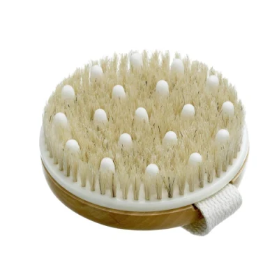 Round Wooden Scrub Bath Massage Exfoliating Shower Brush Dry Body Brush with Boar Bristles